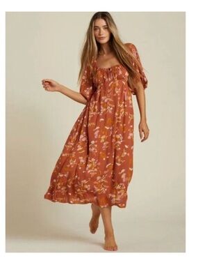Billabong True romance Rust Floral Puff-Sleeve Midi Dress medium